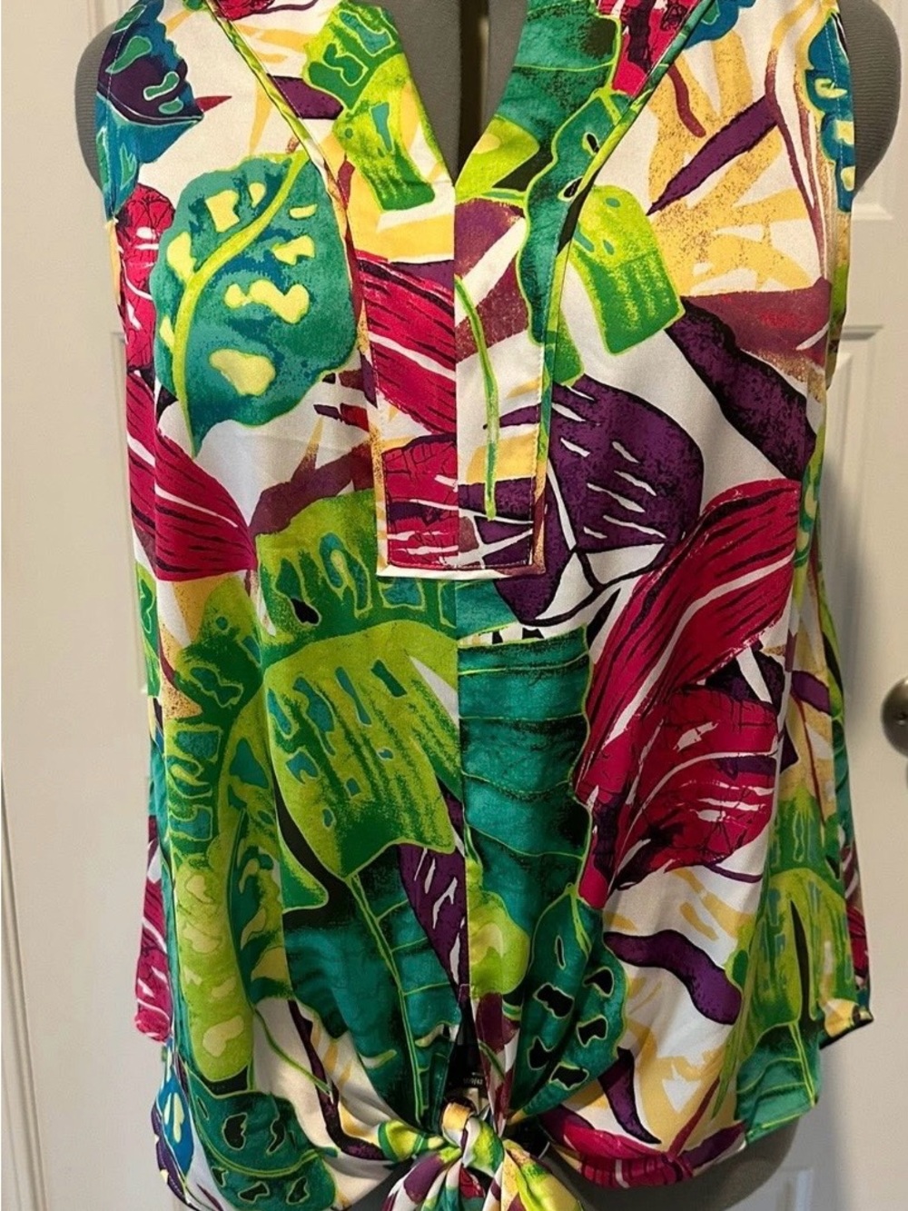Chico's Tropical Leaf Tie-Hem Camisole - Green, Pink, Purple, Teal
